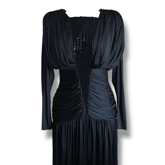 Vintage 1980s Claraluna Originals Dress Sz Small Black Coffin Pleat Vamp Disco - Picture 5 of 13